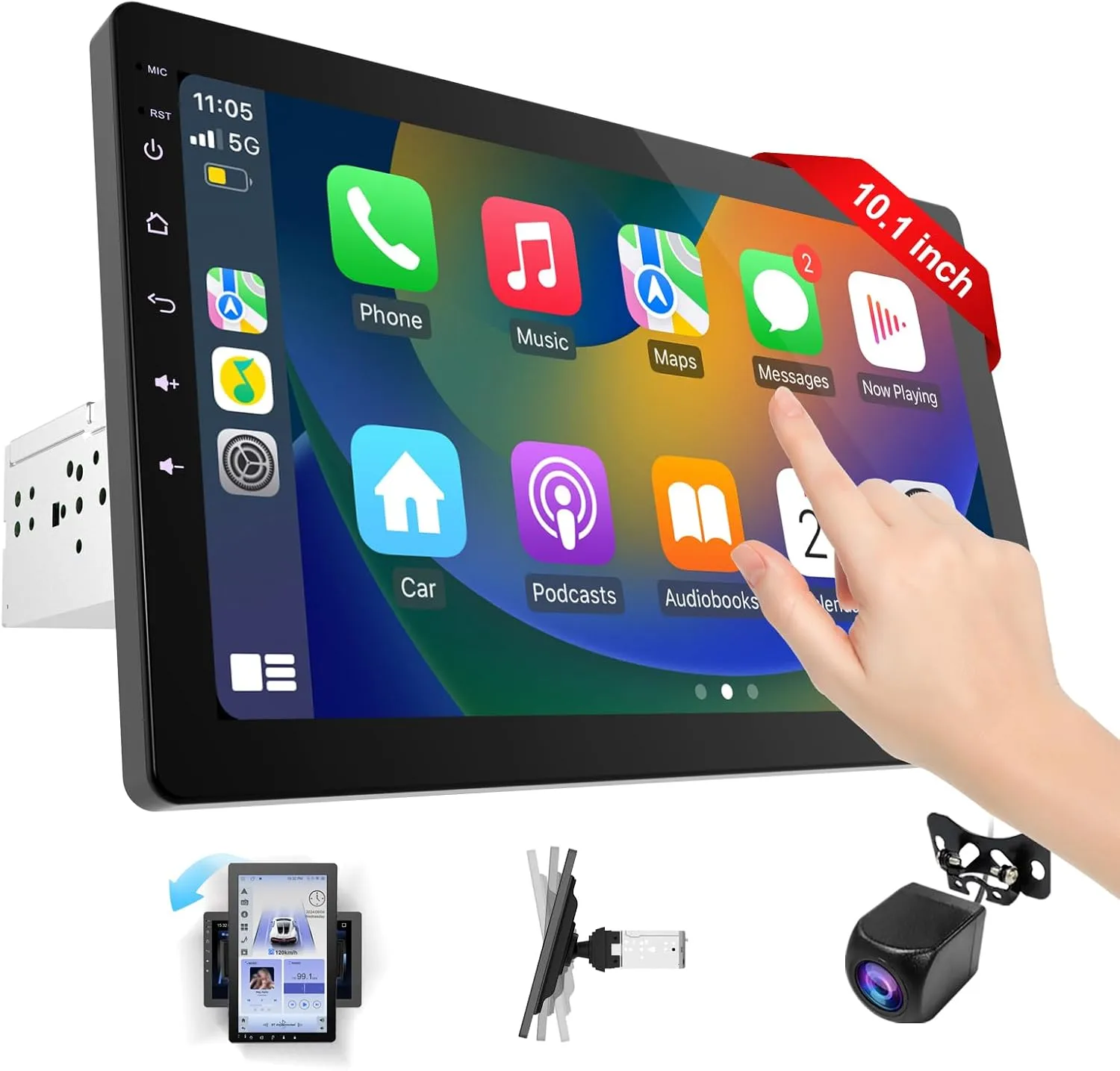10.1 Inch Rotatable Carplay Screen for Car and Android Auto,Single Din Car Stereo with 1080P Backup Camera,Touch Screen GPS Navigation,Bluetooth,Voice Control