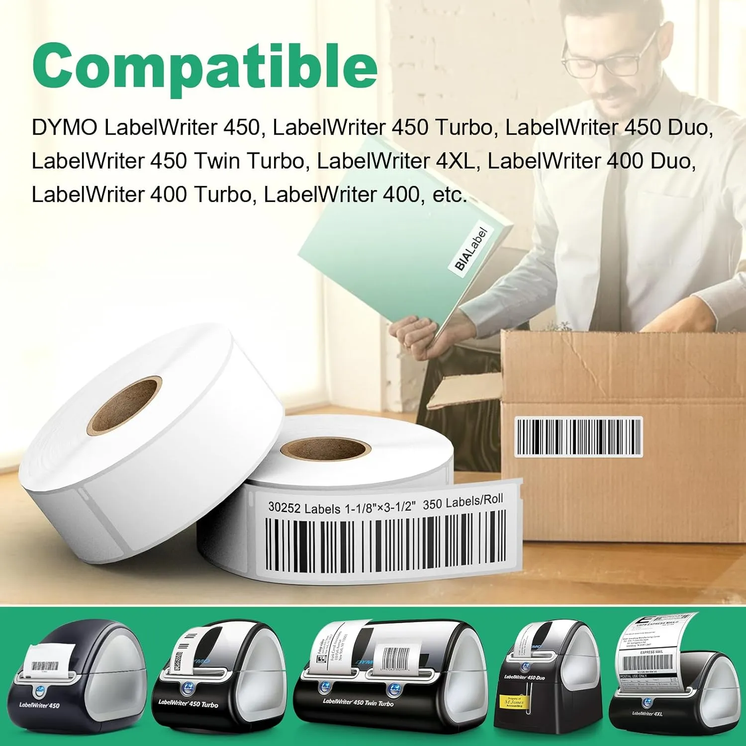 12 Rolls 1-1/8" x 3-1/2" Mailing Label Replacement for Dymo 30252 Multipurpose Address Barcode Labels & Shipping Labels Compatible Dymo Labelwriter, Not Fit 5XL & 550