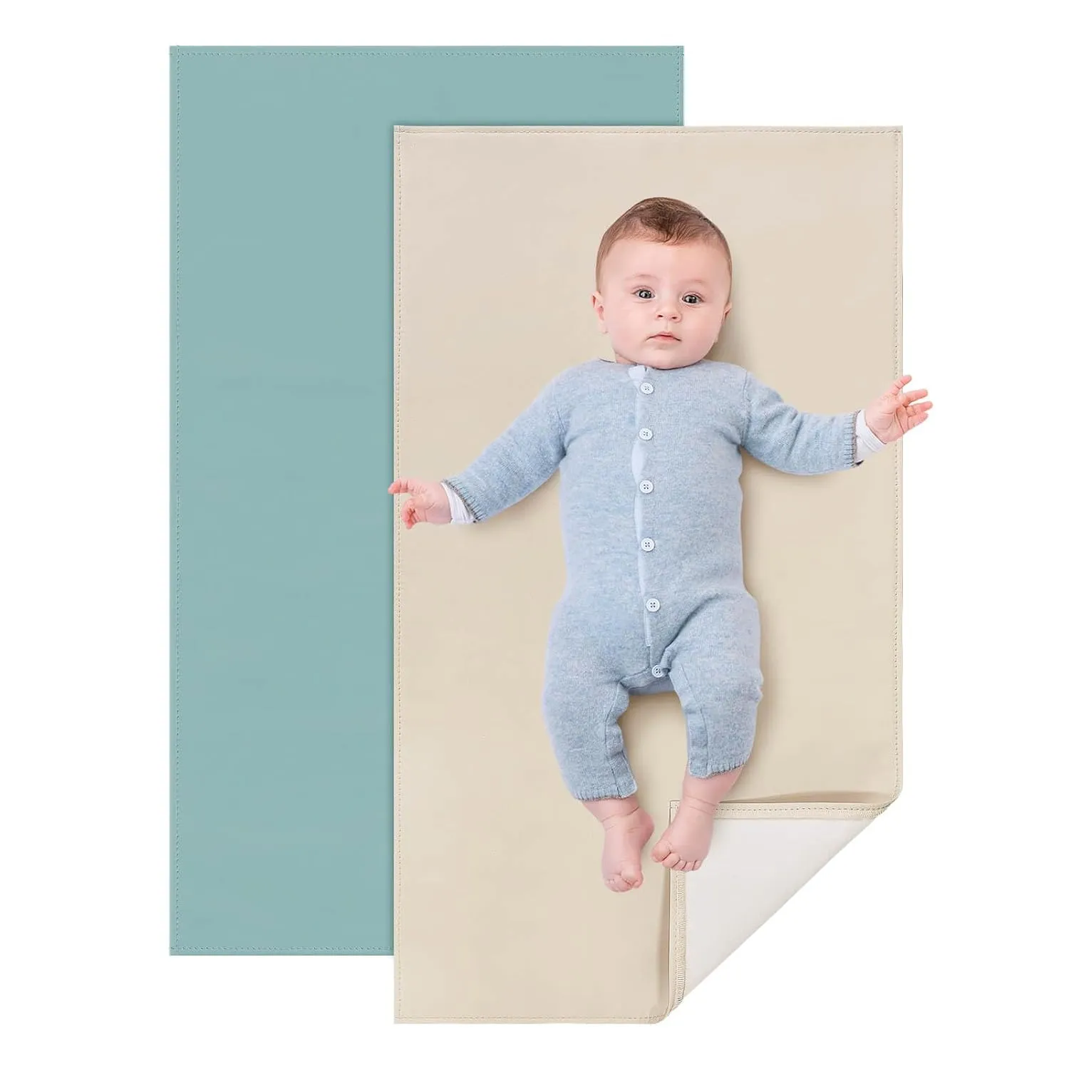 2 Pack Baby Leather Changing Mat, Waterproof Portable Diaper Changing Pad for Home, Wipeable Foldable Baby Travel Mat Fits Perfectly in Diaper Bag, 30 x 17 inches, Off White and Blue
