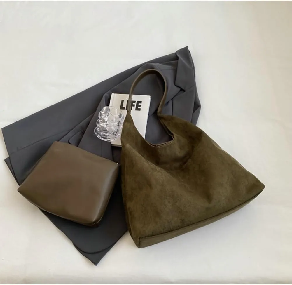 2 Pcs Slouchy Hobo Bags Women Suede Crescent Satchels Shoulder Bag Crossbody Purse Top-handle College Tote Handbag 2024