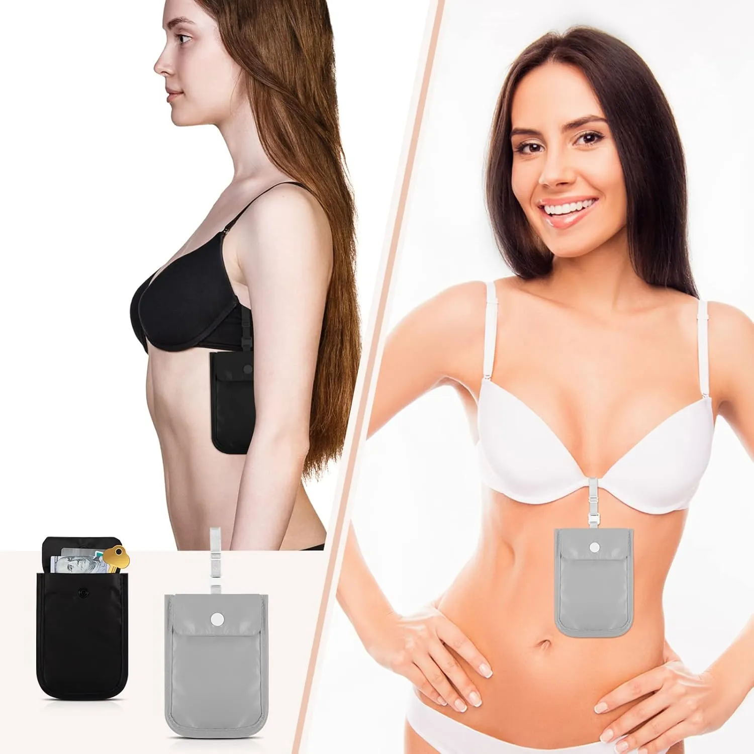 2 Pieces Travel Bra Wallet for Women Hidden Bra Wallet Pickpocket Proof Under Clothes Money Belt Pouch Secret for Passport Money Valuables(4 x 5.4 Inch,Black, Gray)