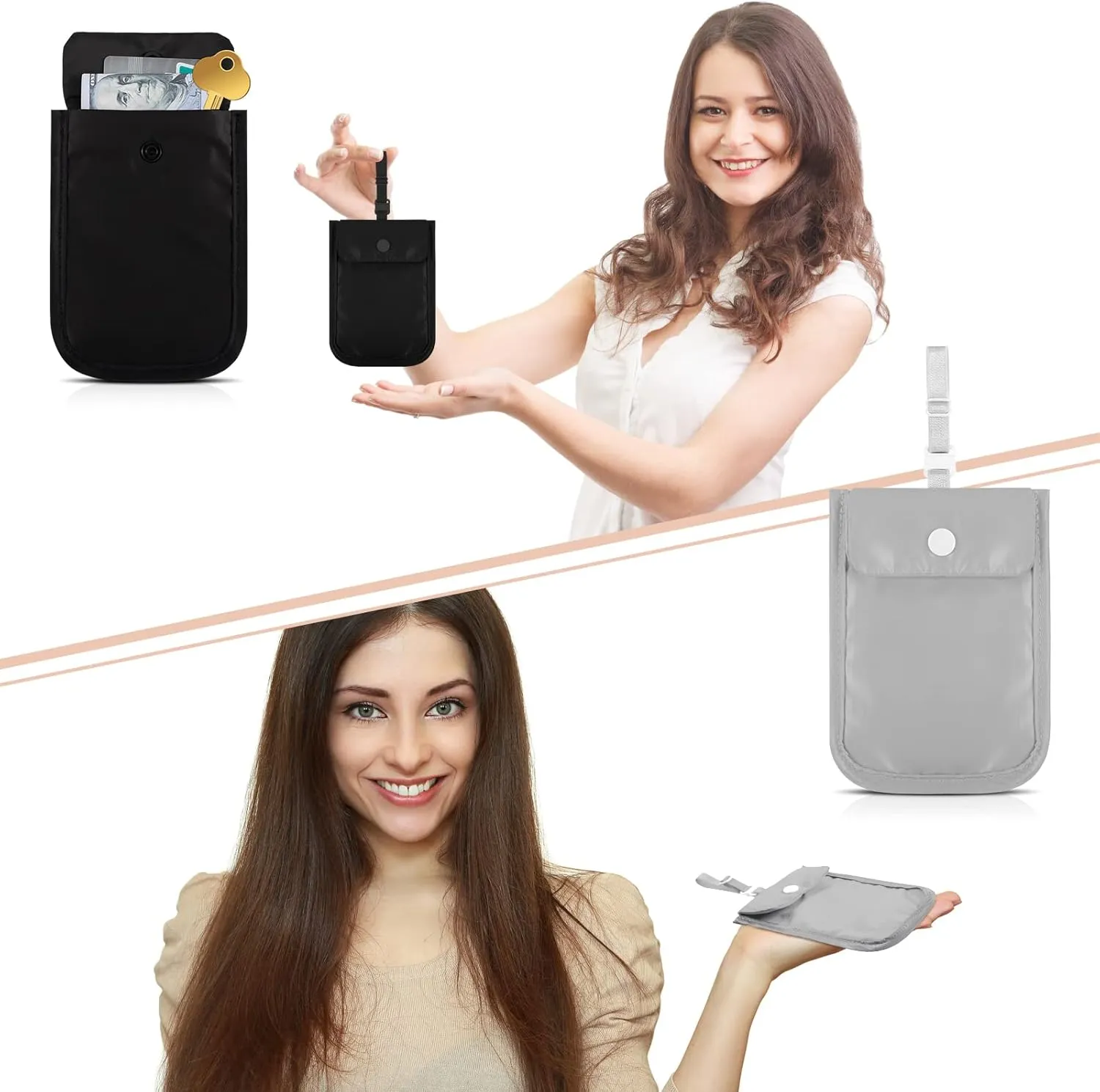 2 Pieces Travel Bra Wallet for Women Hidden Bra Wallet Pickpocket Proof Under Clothes Money Belt Pouch Secret for Passport Money Valuables(4 x 5.4 Inch,Black, Gray)