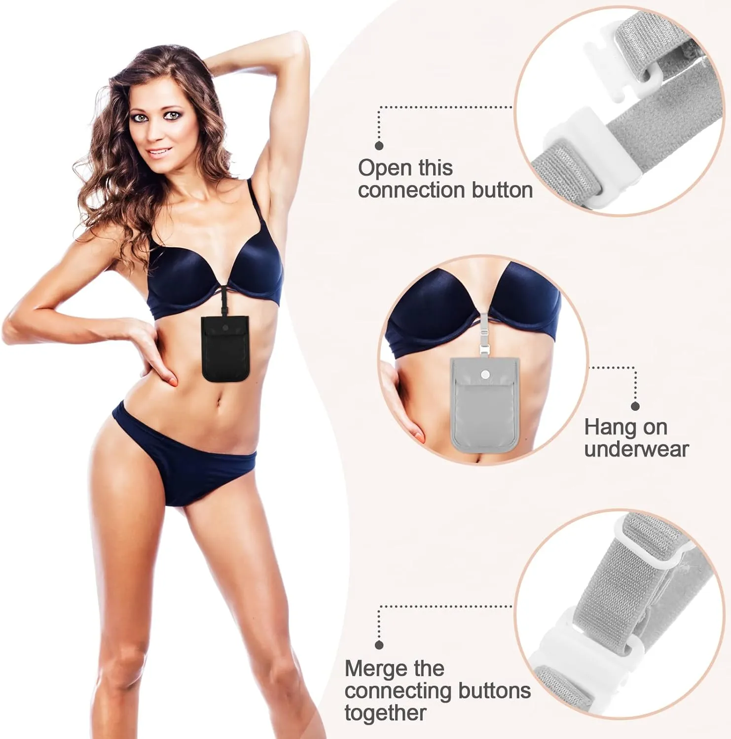 2 Pieces Travel Bra Wallet for Women Hidden Bra Wallet Pickpocket Proof Under Clothes Money Belt Pouch Secret for Passport Money Valuables(4 x 5.4 Inch,Black, Gray)