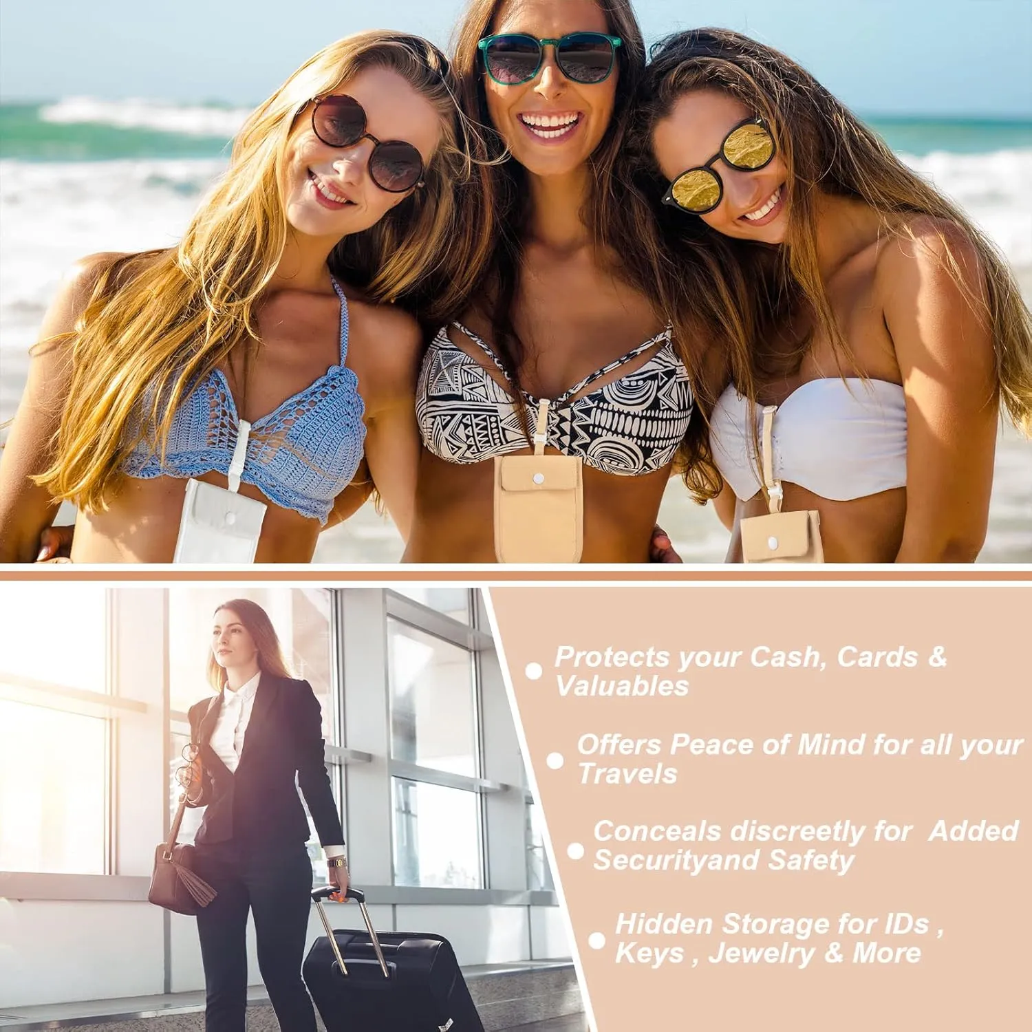 2 Pieces Travel Bra Wallet for Women Hidden Bra Wallet Pickpocket Proof Under Clothes Money Belt Pouch Secret for Passport Money Valuables(4 x 5.4 Inch,Nude, White)