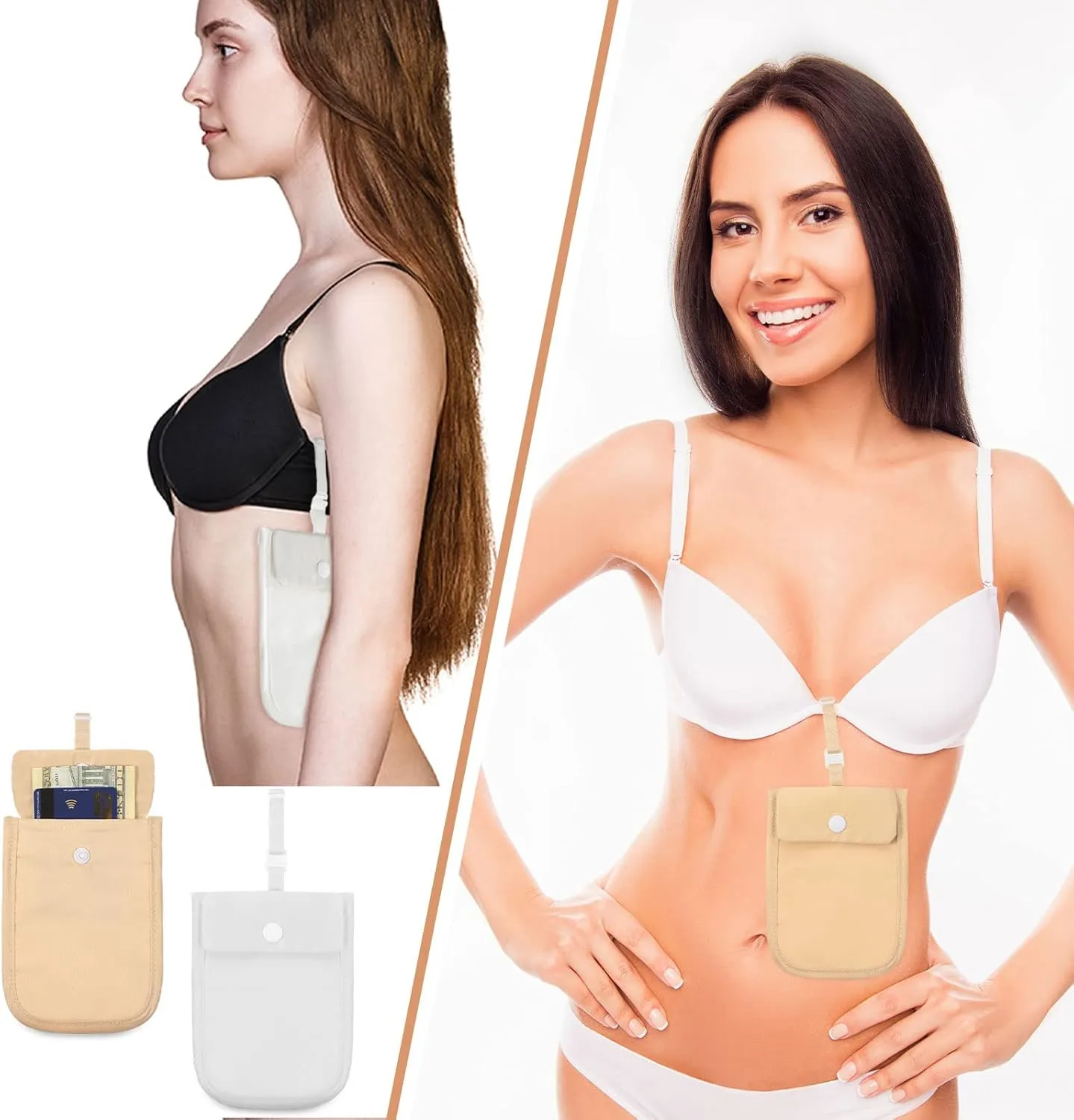2 Pieces Travel Bra Wallet for Women Hidden Bra Wallet Pickpocket Proof Under Clothes Money Belt Pouch Secret for Passport Money Valuables(4 x 5.4 Inch,Nude, White)