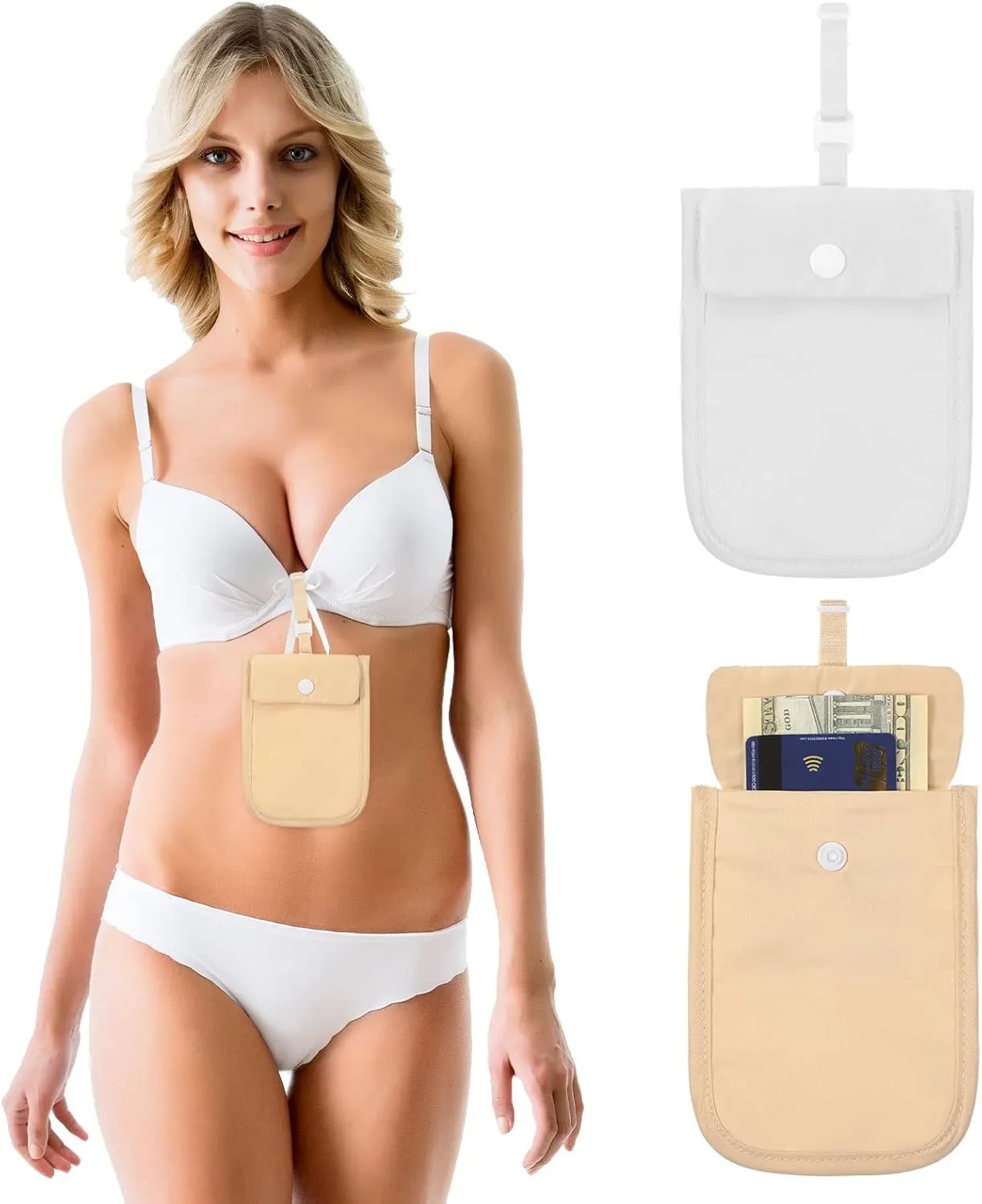 2 Pieces Travel Bra Wallet for Women Hidden Bra Wallet Pickpocket Proof Under Clothes Money Belt Pouch Secret for Passport Money Valuables(4 x 5.4 Inch,Nude, White)
