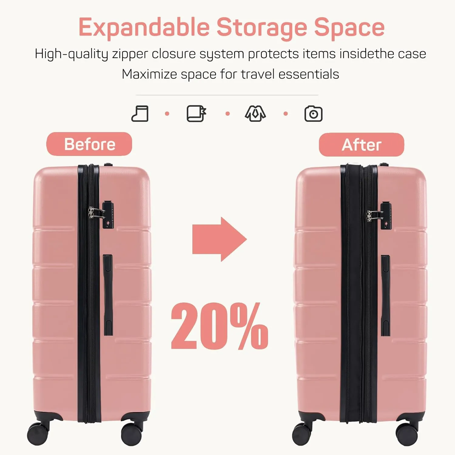 20 Inch Carry-On Luggage, Hard Shell Rolling Suitcase with TSA Lock, Expandable Lightweight Luggage with Spinner Wheels, Pink
