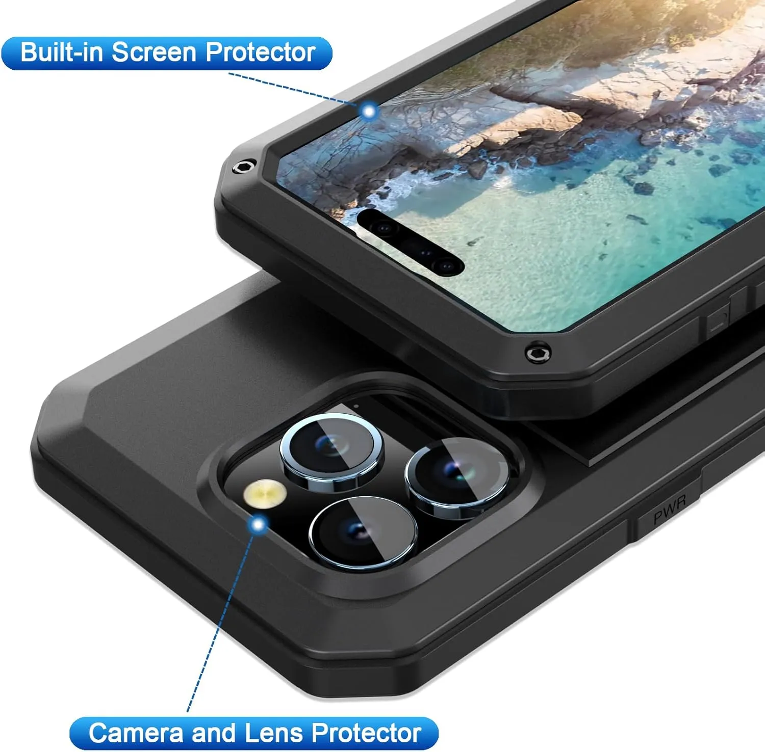 2024 for iPhone 15 Pro Max Case Cover Full Body Shockproof Dustproof Waterproof Aluminum Alloy Metal Gorilla Glass Cover Case for Apple iPhone 15 ProMax (Black)