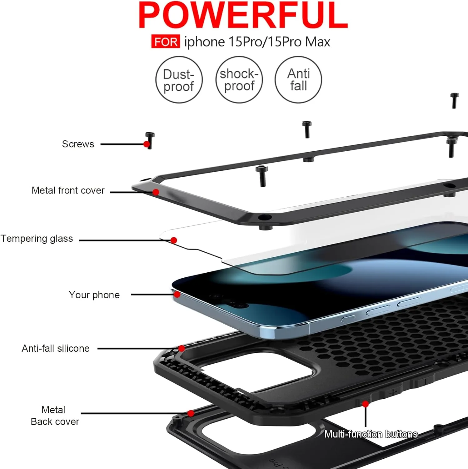 2024 for iPhone 15 Pro Max Case Cover Full Body Shockproof Dustproof Waterproof Aluminum Alloy Metal Gorilla Glass Cover Case for Apple iPhone 15 ProMax (Black)