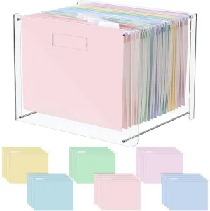 24 Hanging File Folder with Acrylic Organizer for Letter/a4 Size Desktop Clear File Storage Box with Handles for Home Work Office Use(Macaroon)