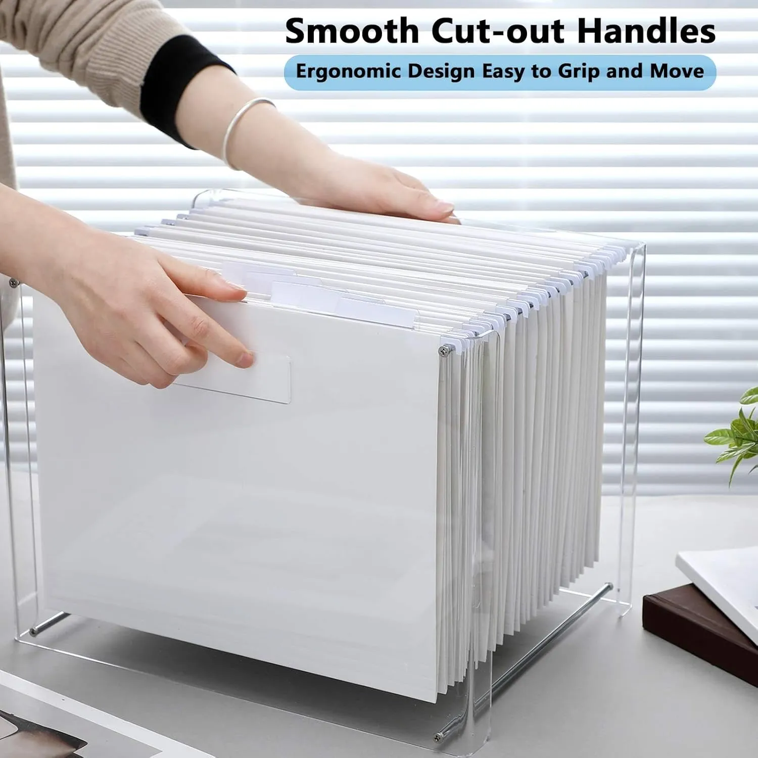 24 Hanging File Folder with Acrylic Organizer for Letter/a4 Size Desktop Clear File Storage Box with Handles for Home Work Office Use(White,Classic)