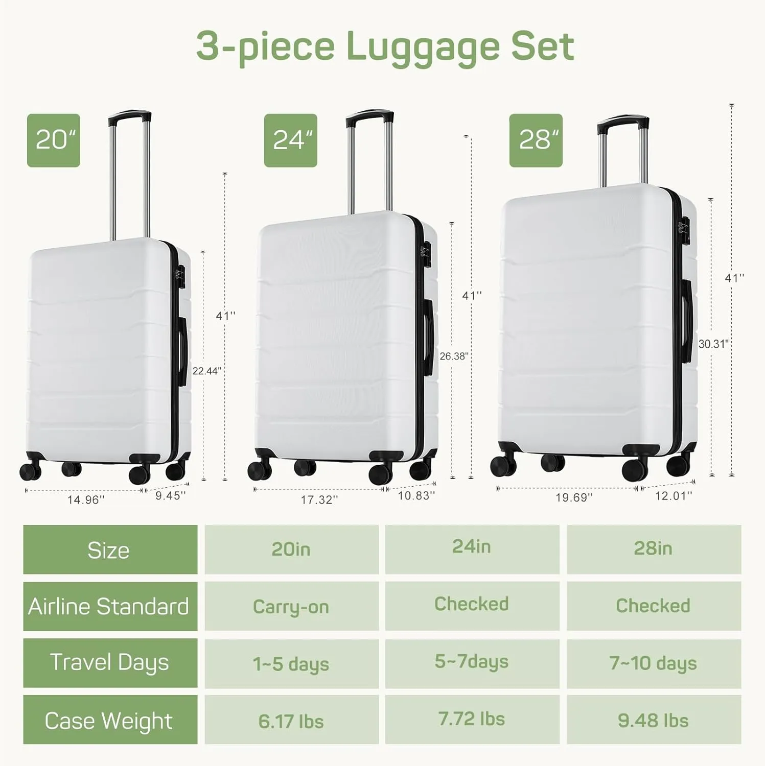 24 Inch Luggage Suitcase, Hard Shell Rolling Suitcase with TSA Lock, Expandable Lightweight Luggage with Spinner Wheels, White