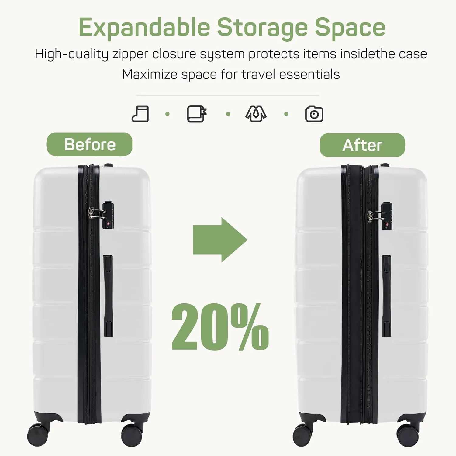24 Inch Luggage Suitcase, Hard Shell Rolling Suitcase with TSA Lock, Expandable Lightweight Luggage with Spinner Wheels, White