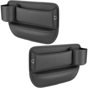 2Pcs Car Leather Cup Holder Gap Bag, Car Seat Gap Filler Organizer with Cup Holder, Universal Front Seat Gap Organizer, Adjustable Leather Car Seat Storage Box (Black)