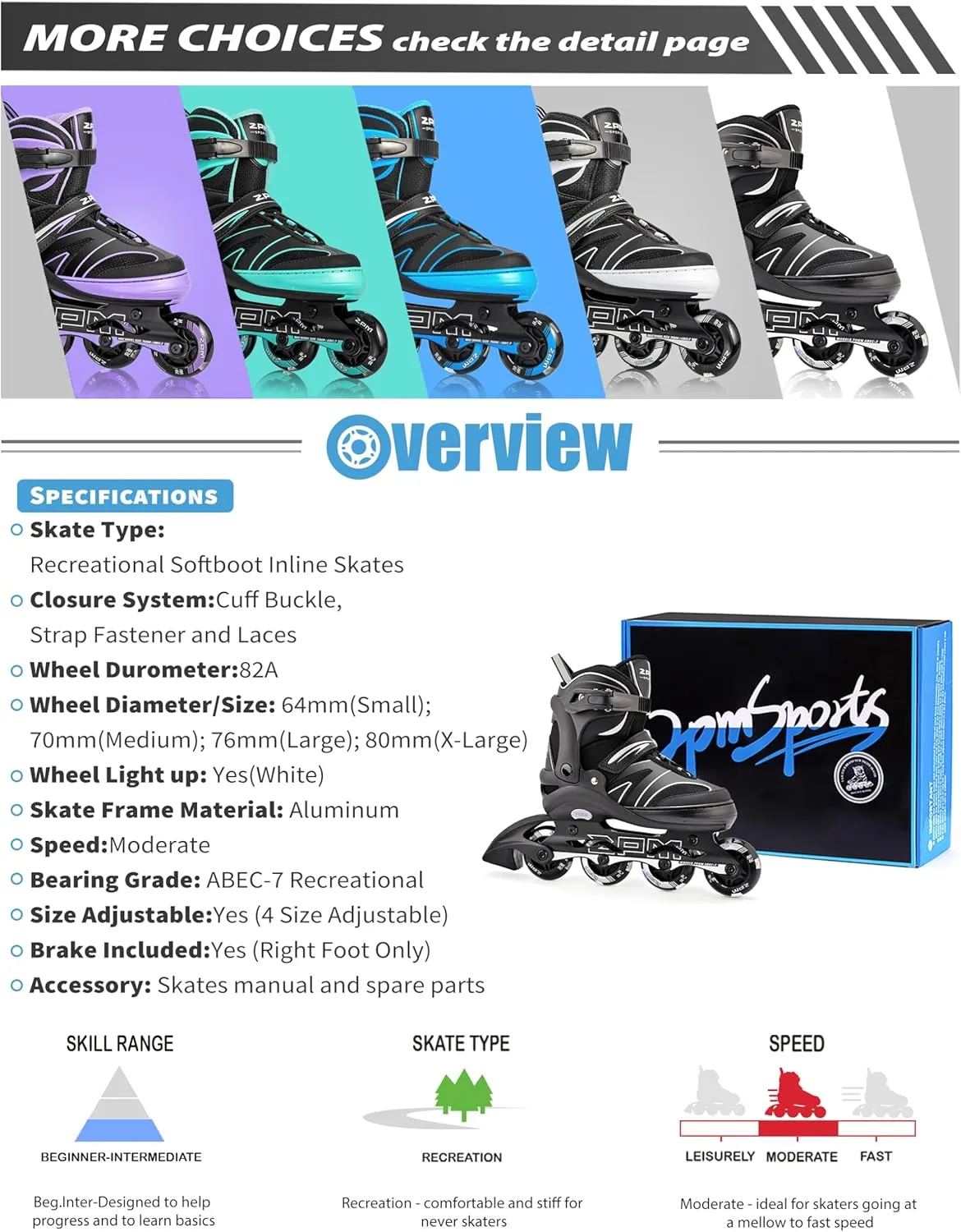 2PM SPORTS Kids Adjustable Inline Skates Ages 4-12, Youth Inlie Skates for Girls Boys 5-8 8-12 with Full Light Up Wheels, Beginner Women Adult Skates
