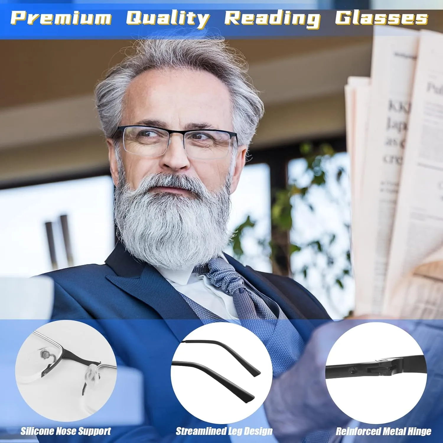 3 Pack Blue Light Blocking Glasses for Men,Stylish Half Frame Metal Computer/Gaming/TV/Phone Readers,Lightweight Spring Hinge Eyeglasses Anti Eyestrain/Glare/UV (Black)