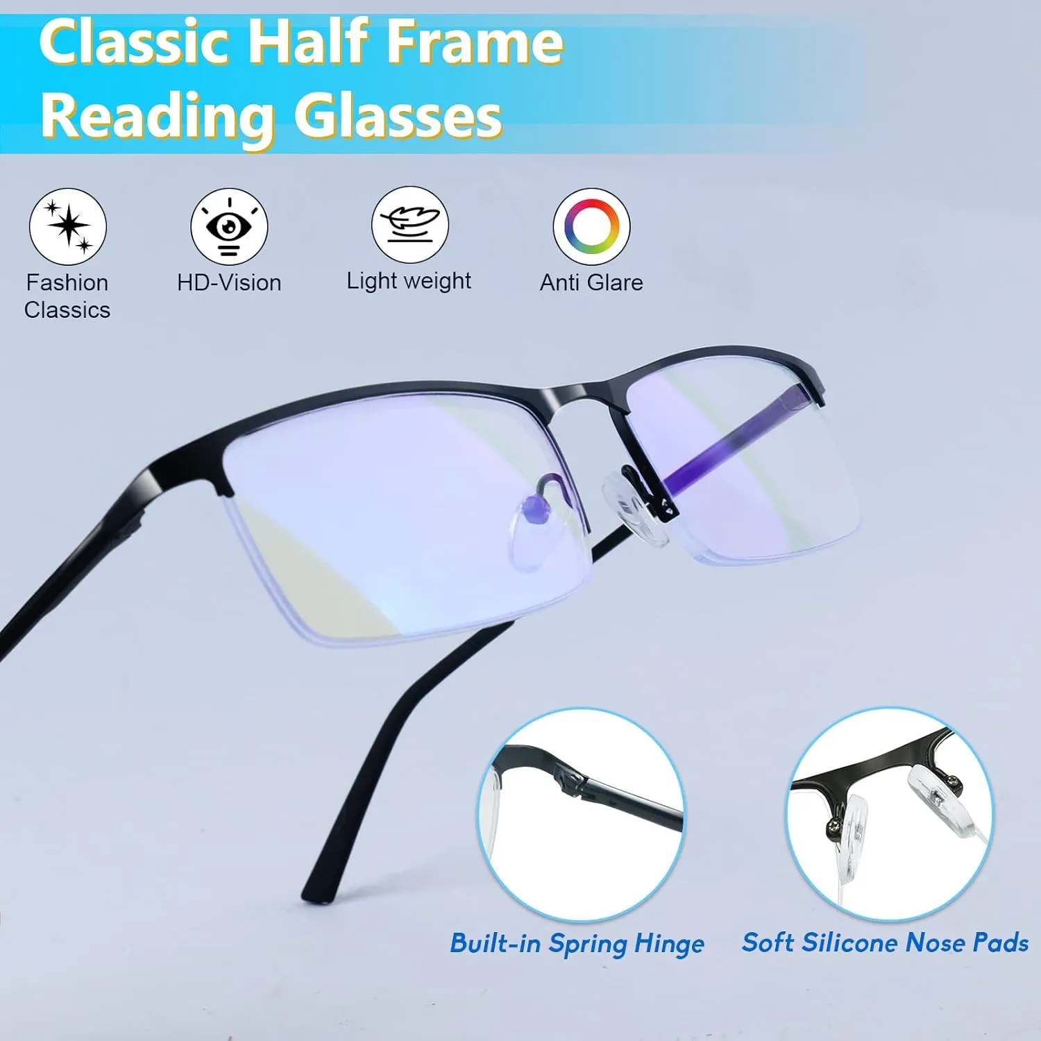 3 Pack Blue Light Blocking Glasses for Men,Stylish Half Frame Metal Computer/Gaming/TV/Phone Readers,Lightweight Spring Hinge Eyeglasses Anti Eyestrain/Glare/UV (Black)
