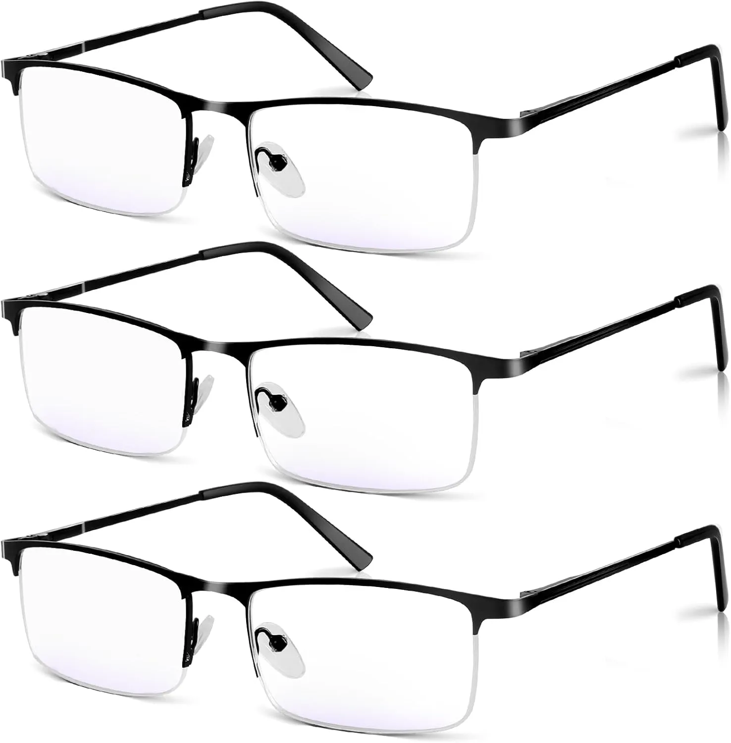 3 Pack Blue Light Blocking Glasses for Men,Stylish Half Frame Metal Computer/Gaming/TV/Phone Readers,Lightweight Spring Hinge Eyeglasses Anti Eyestrain/Glare/UV (Black)