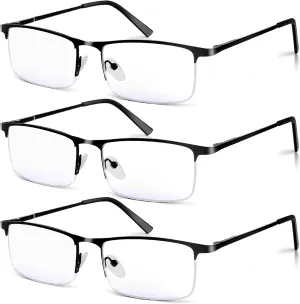 3 Pack Blue Light Blocking Glasses for Men,Stylish Half Frame Metal Computer/Gaming/TV/Phone Readers,Lightweight Spring Hinge Eyeglasses Anti Eyestrain/Glare/UV (Black)