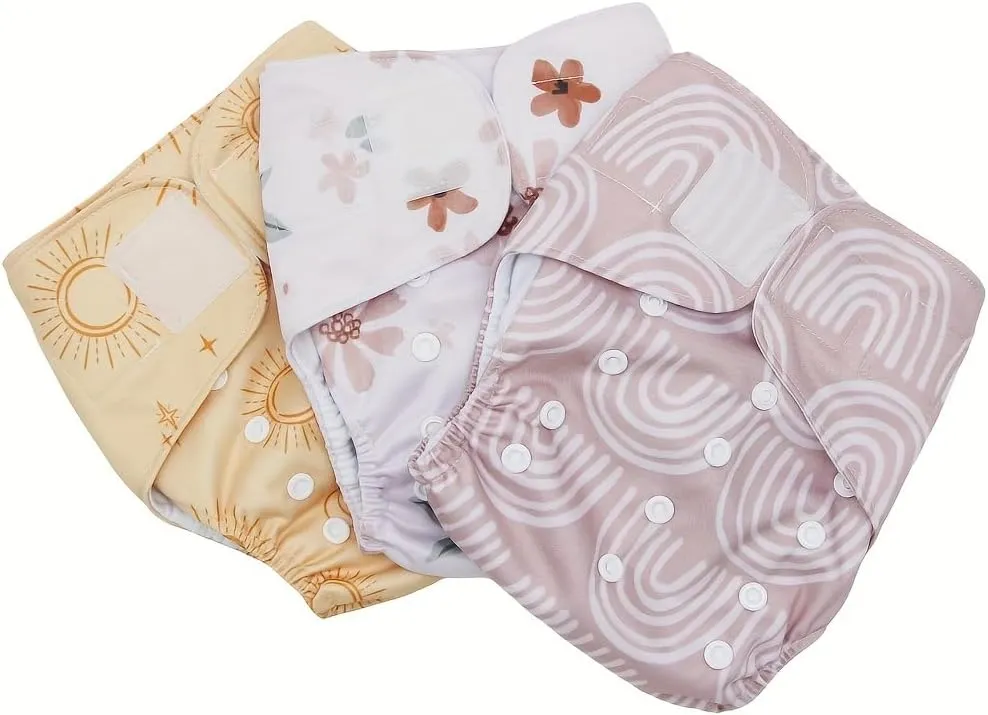 3 pcs Hook and Loop Fasteners Design Baby Reusable Cloth Diapers with 3 Microfier Inserts (Boho Prints)