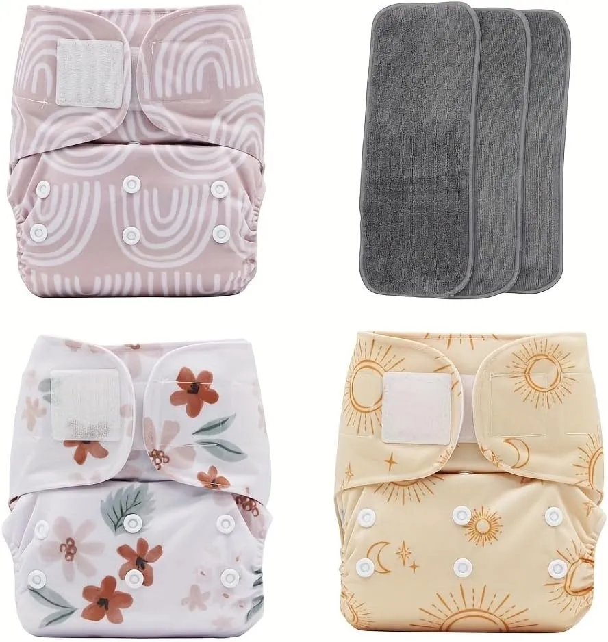 3 pcs Hook and Loop Fasteners Design Baby Reusable Cloth Diapers with 3 Microfier Inserts (Boho Prints)