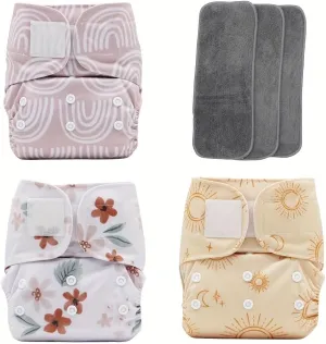3 pcs Hook and Loop Fasteners Design Baby Reusable Cloth Diapers with 3 Microfier Inserts (Boho Prints)