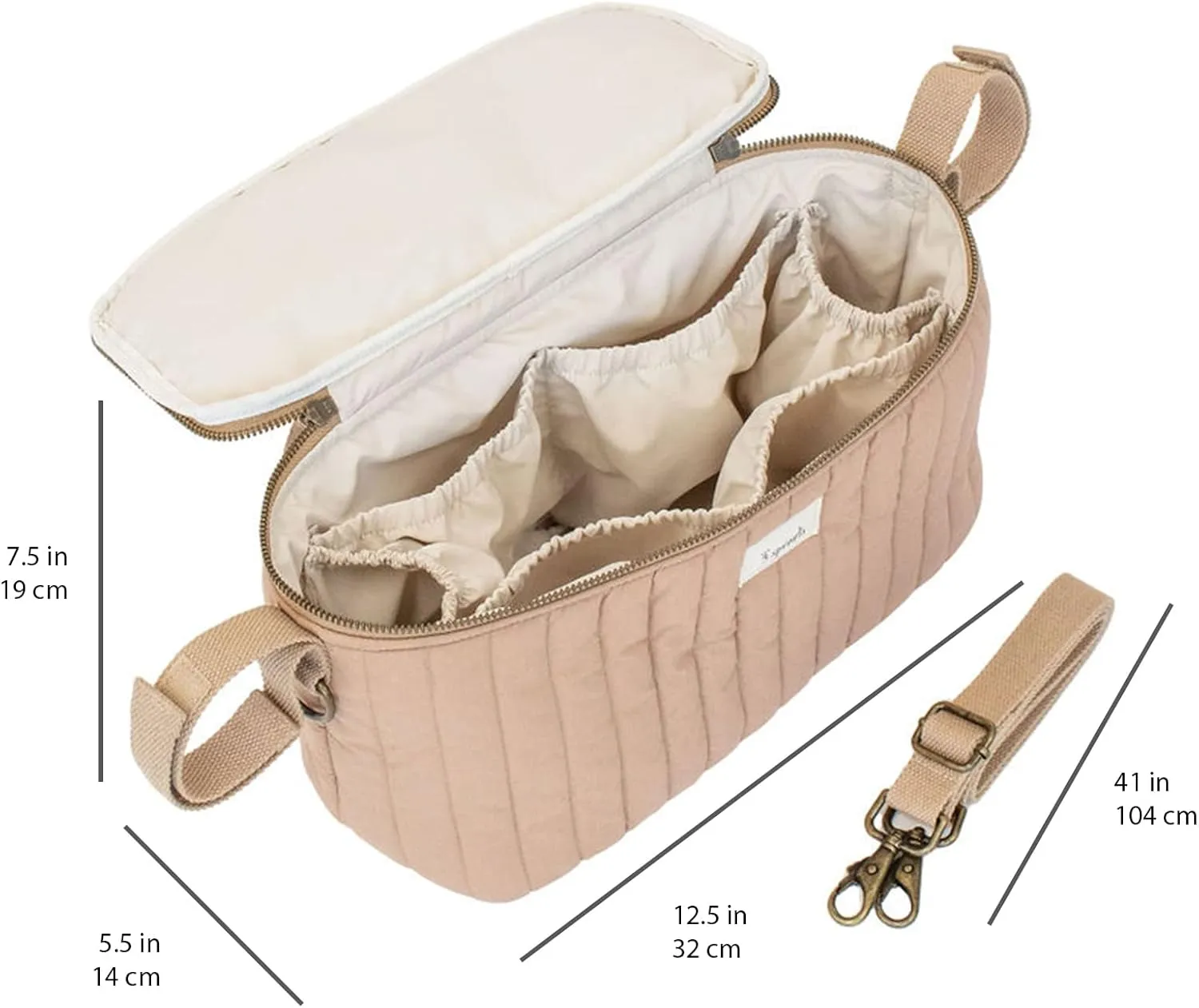 3 Sprouts Universal Quilted Stroller Organizer with Cup Holder and Zip Top - Durable Stroller Caddy Accessory with Storage - Shoulder Strap Converts Organizer to Small Diaper Bag - Clay