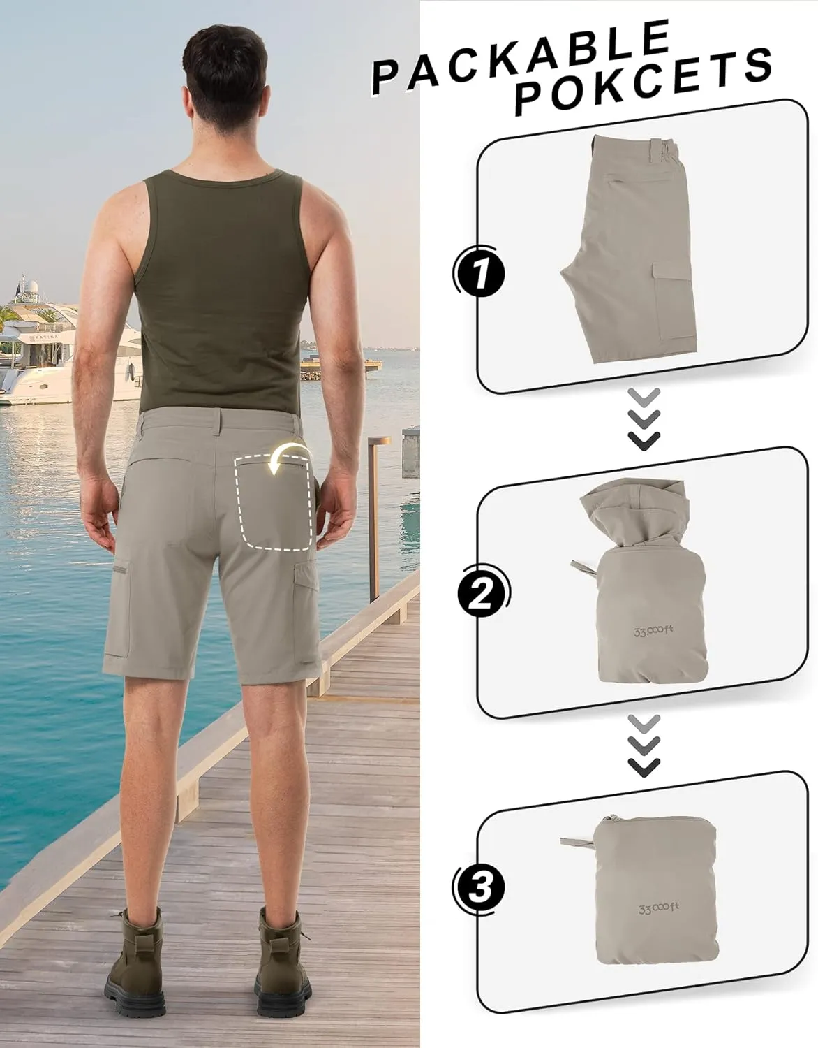 33,000ft Men's Golf Shorts 10" Inseam with Zipper Pocket Lightweight Quick Dry Stretch Hiking Cargo Shorts for Travel Fishing