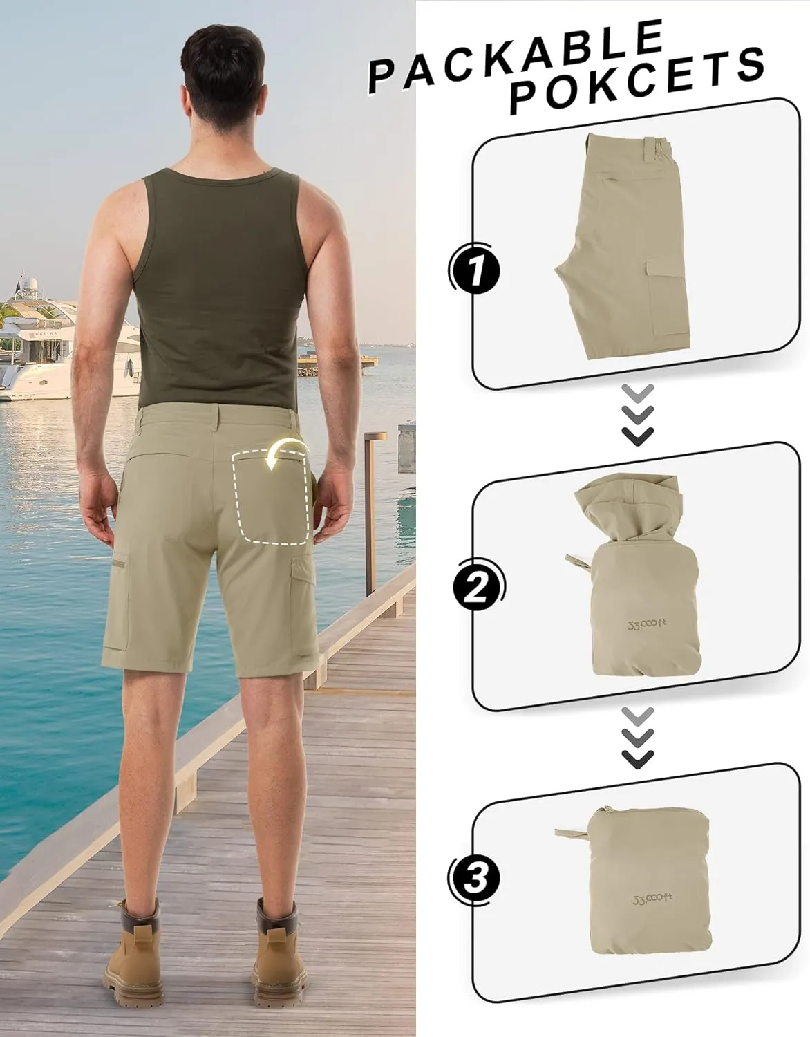 33,000ft Men's Golf Shorts 10" Inseam with Zipper Pocket Lightweight Quick Dry Stretch Hiking Cargo Shorts for Travel Fishing
