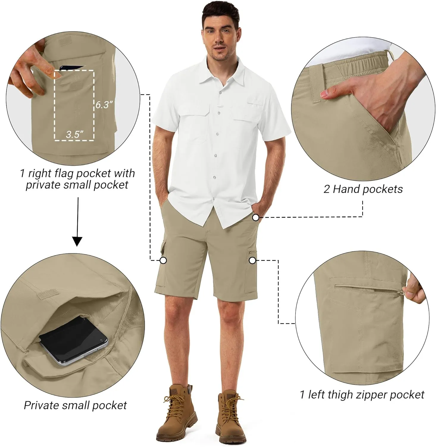 33,000ft Men's Golf Shorts 10" Inseam with Zipper Pocket Lightweight Quick Dry Stretch Hiking Cargo Shorts for Travel Fishing