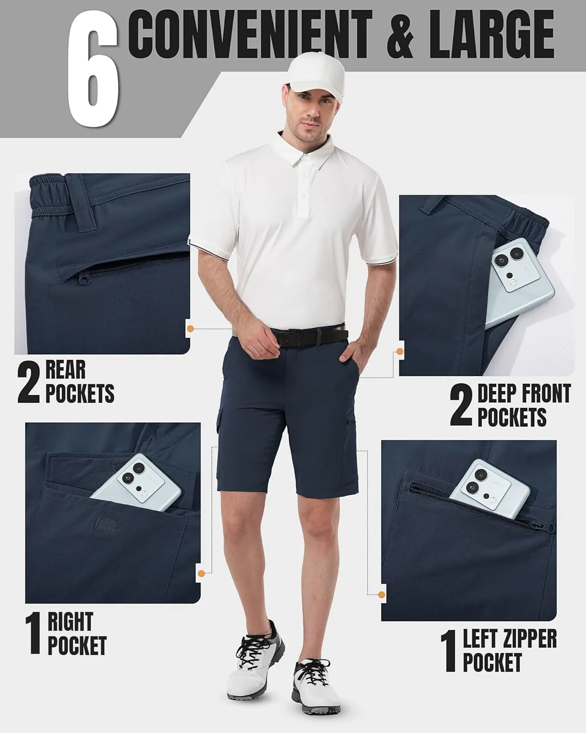 33,000ft Men's Golf Shorts 10" Inseam with Zipper Pocket Lightweight Quick Dry Stretch Hiking Cargo Shorts for Travel Fishing