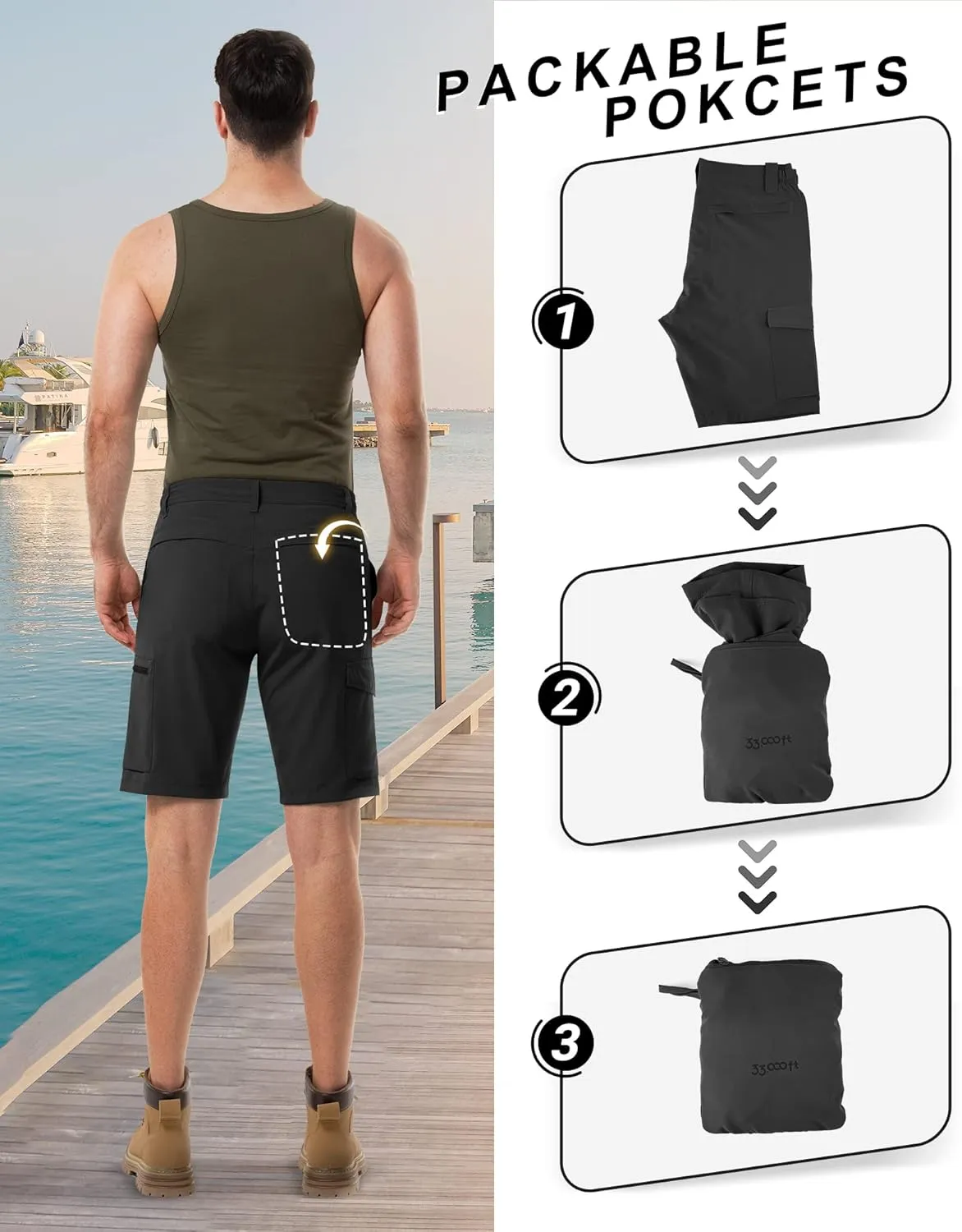 33,000ft Men's Golf Shorts 10" Inseam with Zipper Pocket Lightweight Quick Dry Stretch Hiking Cargo Shorts for Travel Fishing