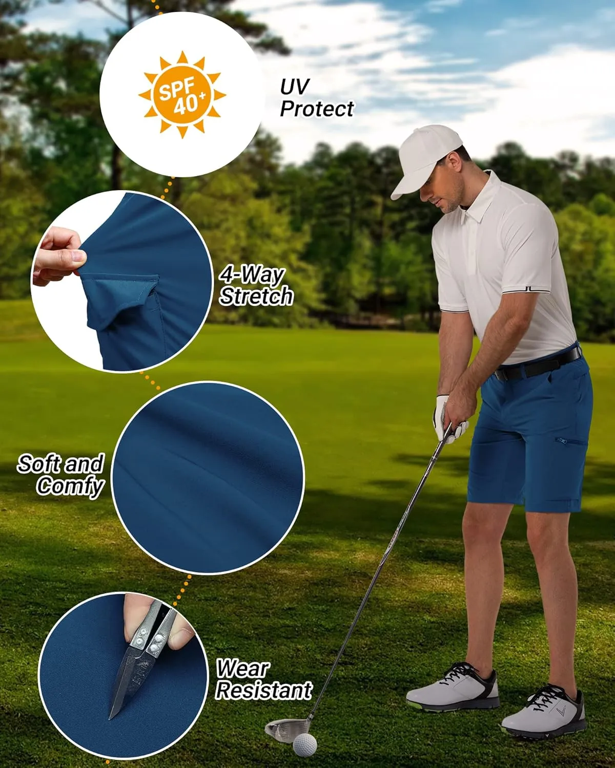 33,000ft Men's Golf Shorts 10" Inseam with Zipper Pocket Lightweight Quick Dry Stretch Hiking Cargo Shorts for Travel Fishing
