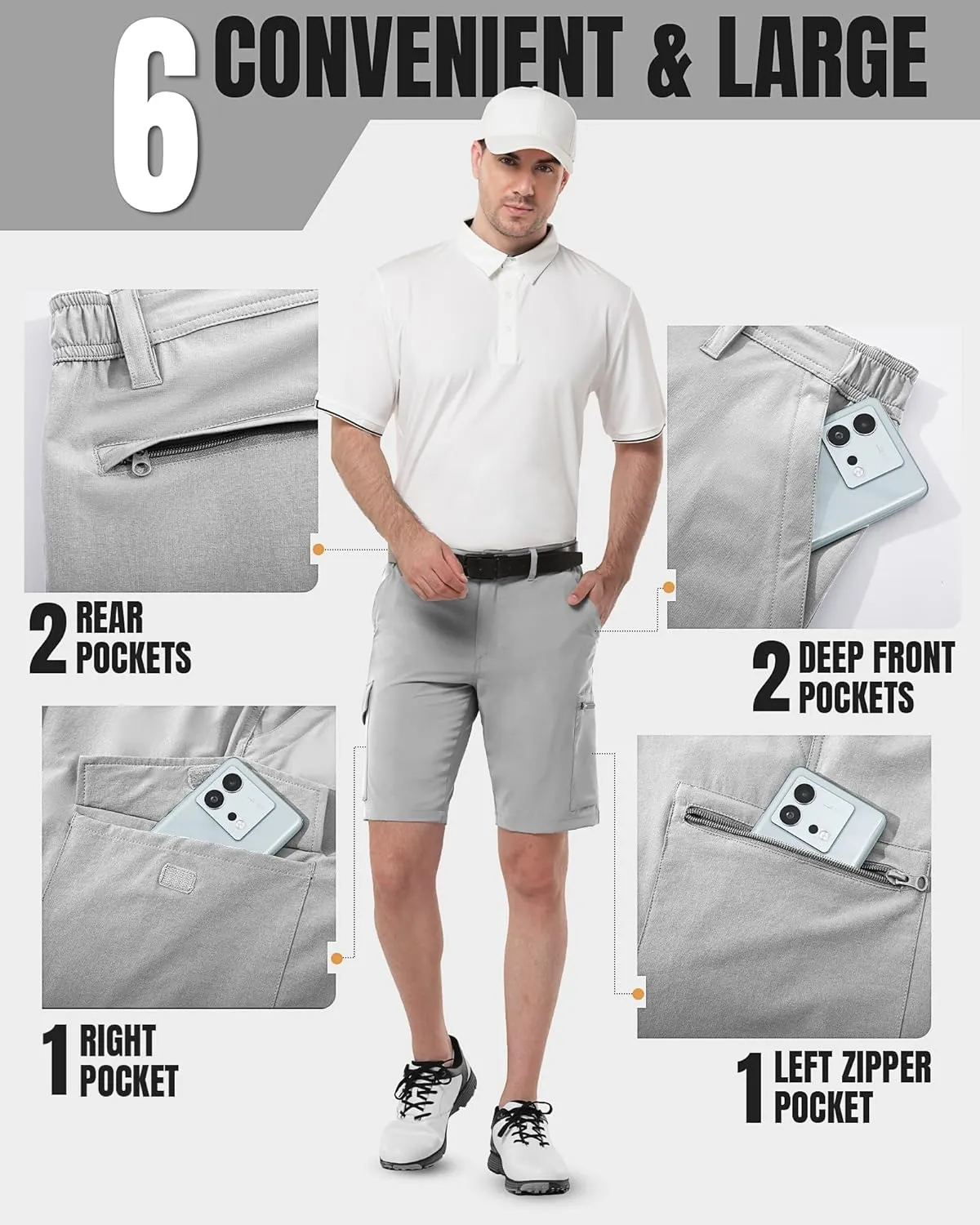 33,000ft Men's Golf Shorts 10" Inseam with Zipper Pocket Lightweight Quick Dry Stretch Hiking Cargo Shorts for Travel Fishing