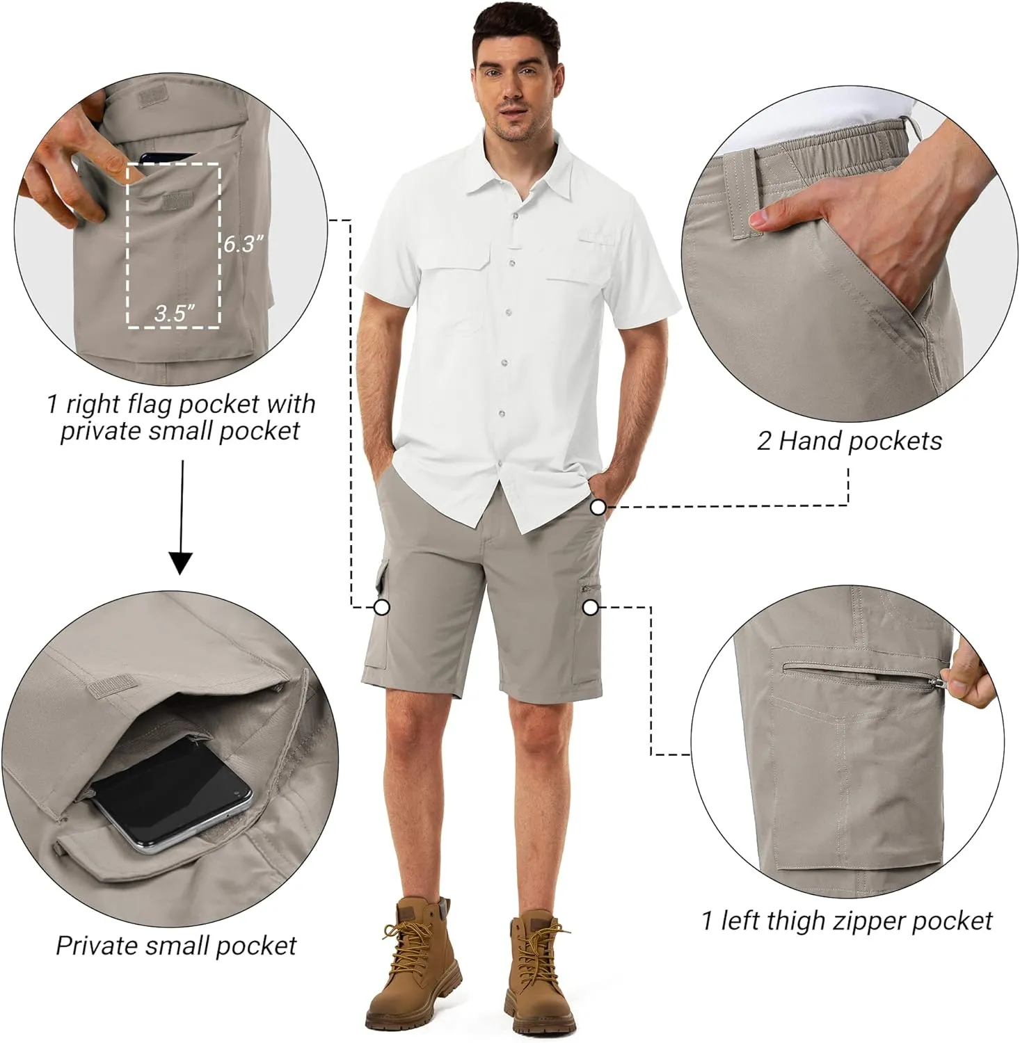 33,000ft Men's Golf Shorts 10" Inseam with Zipper Pocket Lightweight Quick Dry Stretch Hiking Cargo Shorts for Travel Fishing