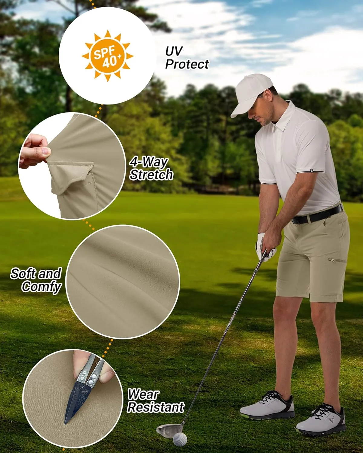 33,000ft Men's Golf Shorts 10" Inseam with Zipper Pocket Lightweight Quick Dry Stretch Hiking Cargo Shorts for Travel Fishing
