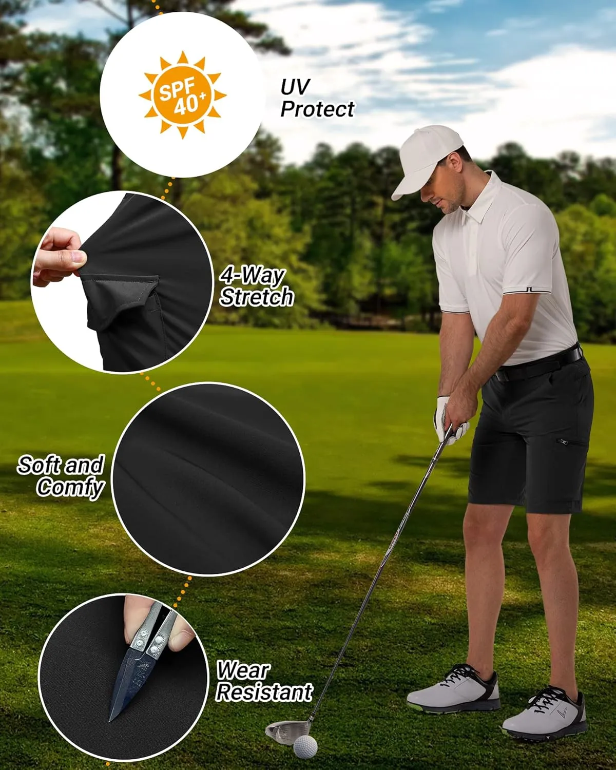 33,000ft Men's Golf Shorts 10" Inseam with Zipper Pocket Lightweight Quick Dry Stretch Hiking Cargo Shorts for Travel Fishing