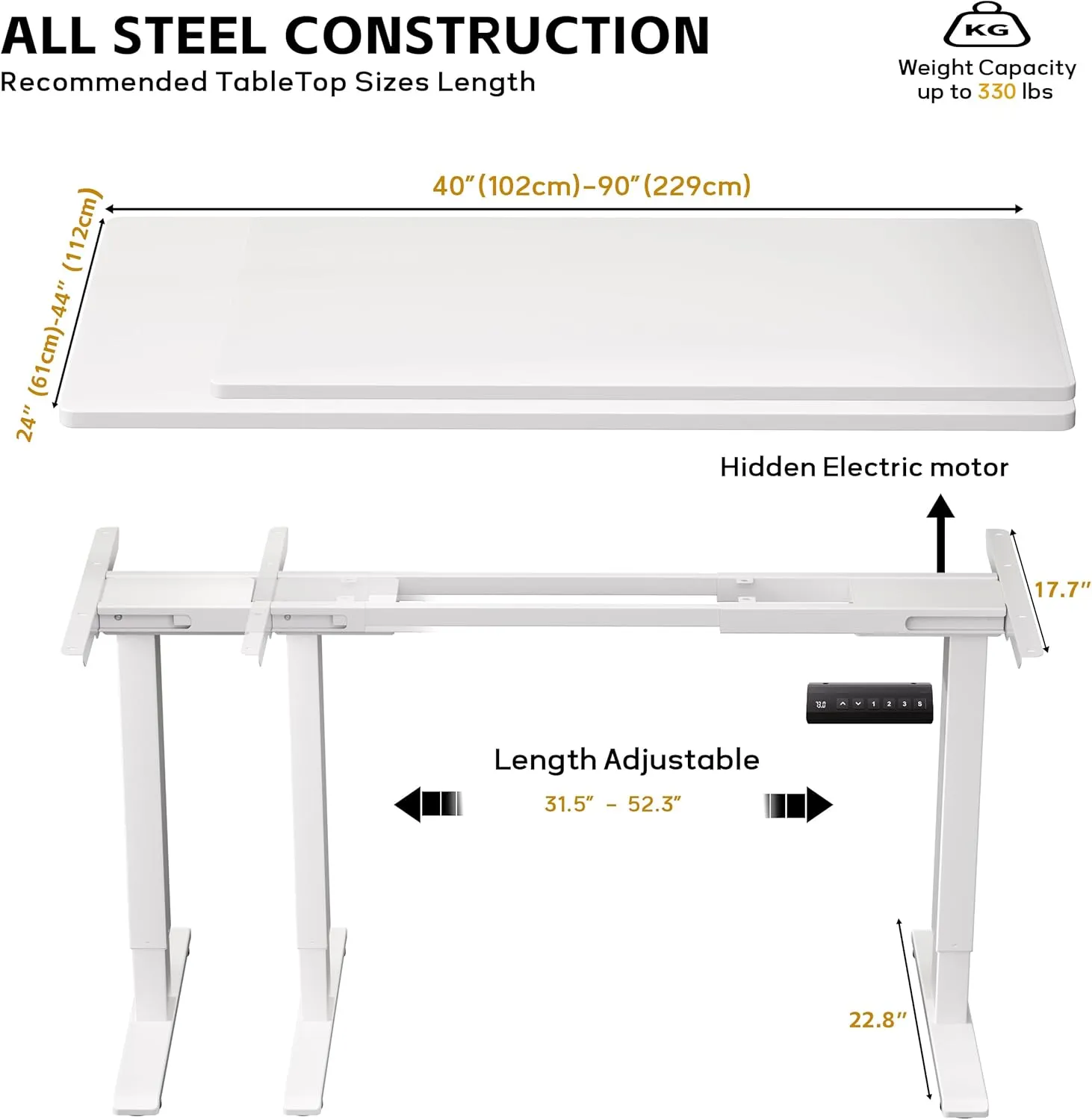 330lbs Dual Motor Standing Desk Frame for 40 to 90″ Desktop, Electric Adjustable Legs with Memory Presets, Stand Up Desk Frame Workstation for Home Office, White Frame Only
