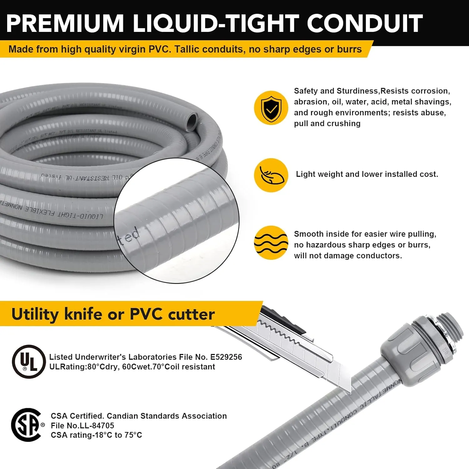 3/4inch 100ft Liquid-Tight Conduit and Connector Kit,Flexible Non Metallic Liquid Tight Electrical Conduit Kit with 5* Straight and 3 * 90-Degree Connector Fittings,3/4 in. Dia