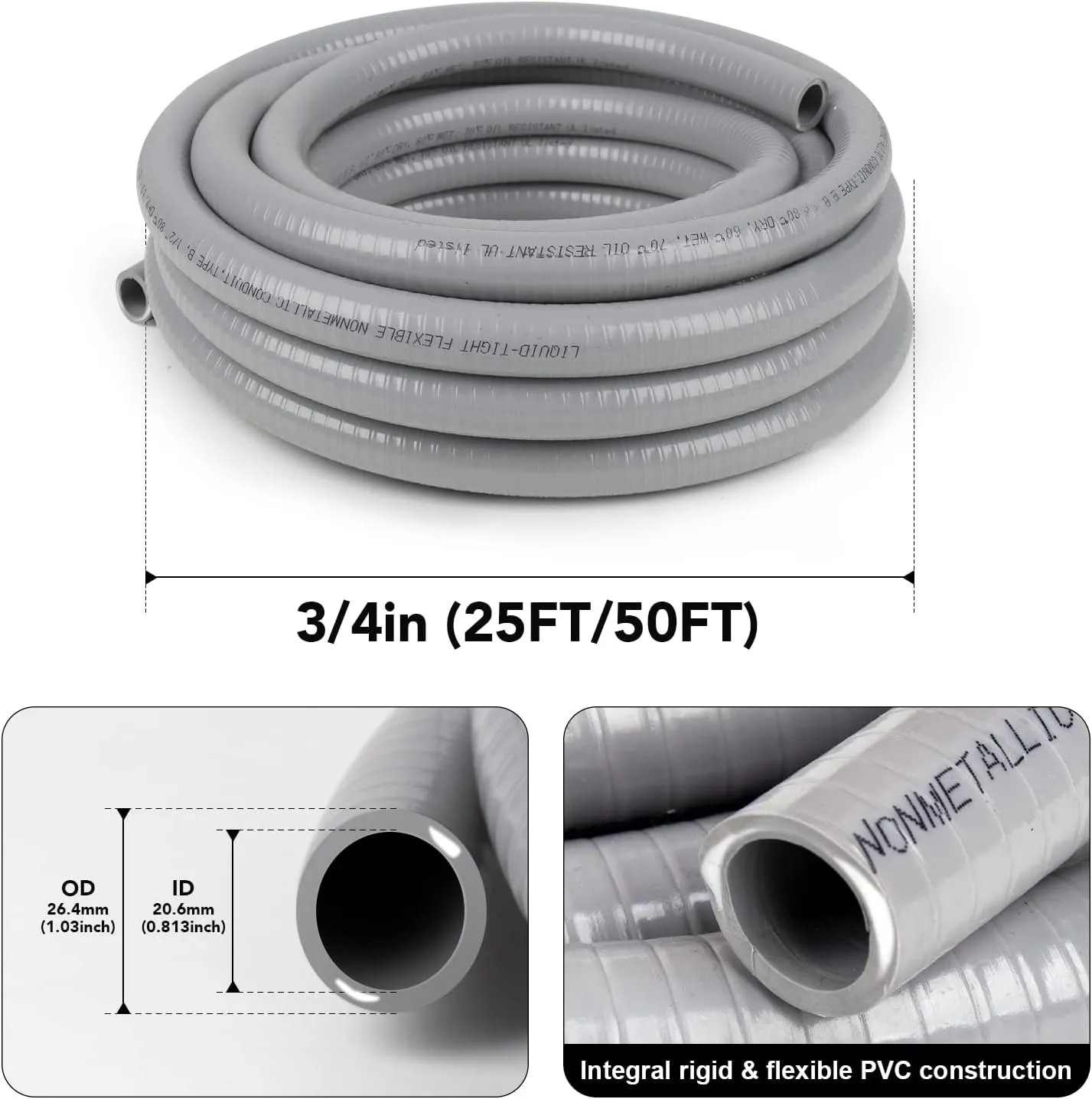 3/4inch 100ft Liquid-Tight Conduit and Connector Kit,Flexible Non Metallic Liquid Tight Electrical Conduit Kit with 5* Straight and 3 * 90-Degree Connector Fittings,3/4 in. Dia