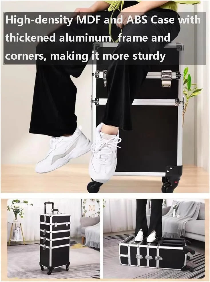4-in-1 Transformable Rolling Makeup Train Case, Locable Cosmetic Trolley with Aluminum Frame for Make Up Hairstylists Nail Tech