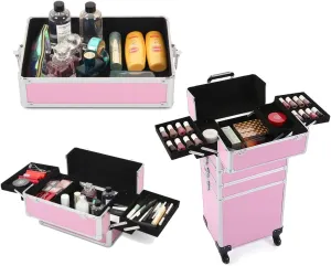 4-in-1 Transformable Rolling Makeup Train Case, Locable Cosmetic Trolley with Aluminum Frame for Make Up Hairstylists Nail Tech