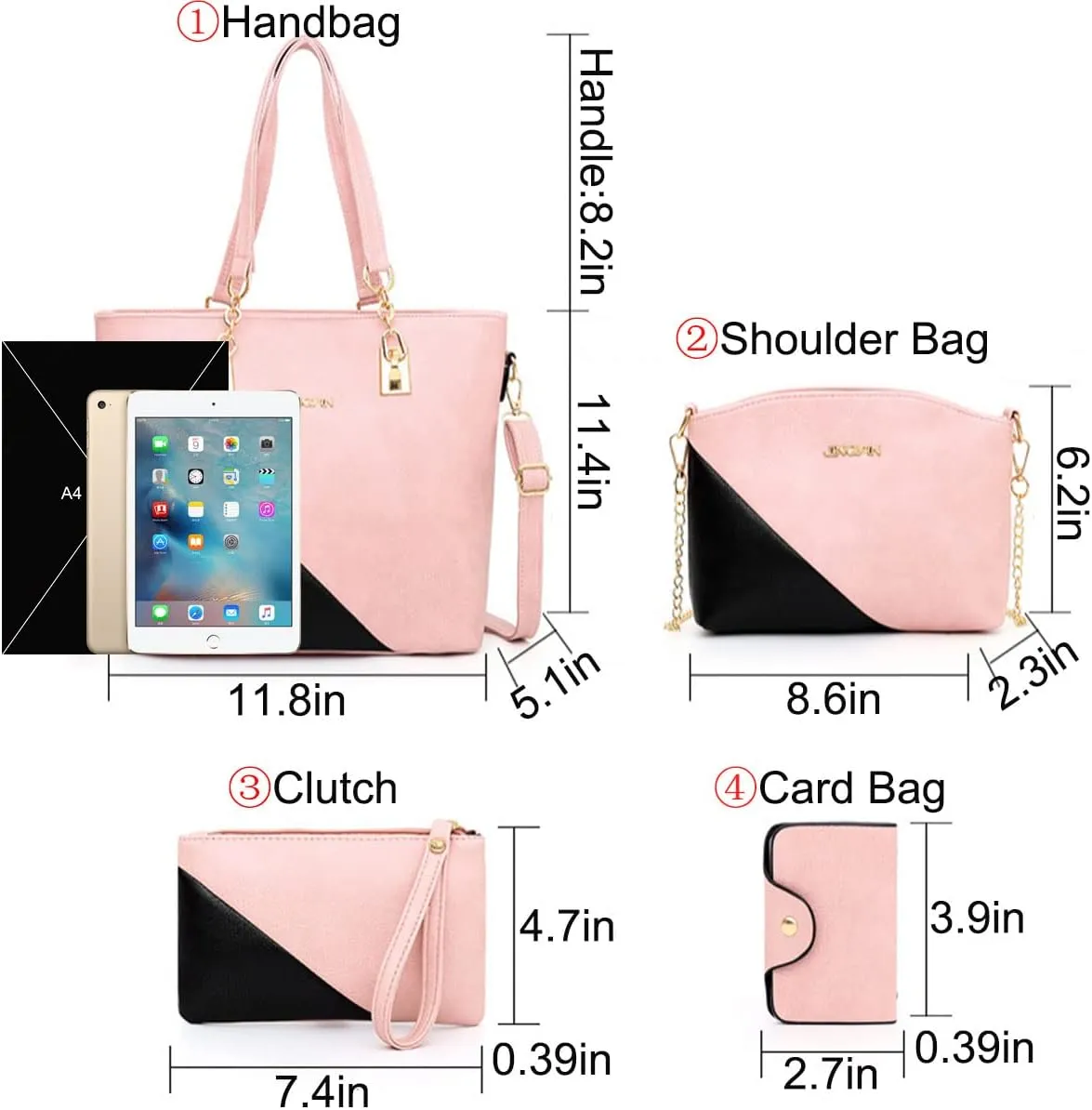 4-PC Women Handbag Set,Top-Handle Bag Shoulder Bag Clutch Card Bag Fashion Purse Color Matching Satchel Tote