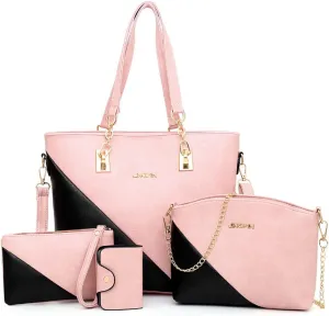 4-PC Women Handbag Set,Top-Handle Bag Shoulder Bag Clutch Card Bag Fashion Purse Color Matching Satchel Tote