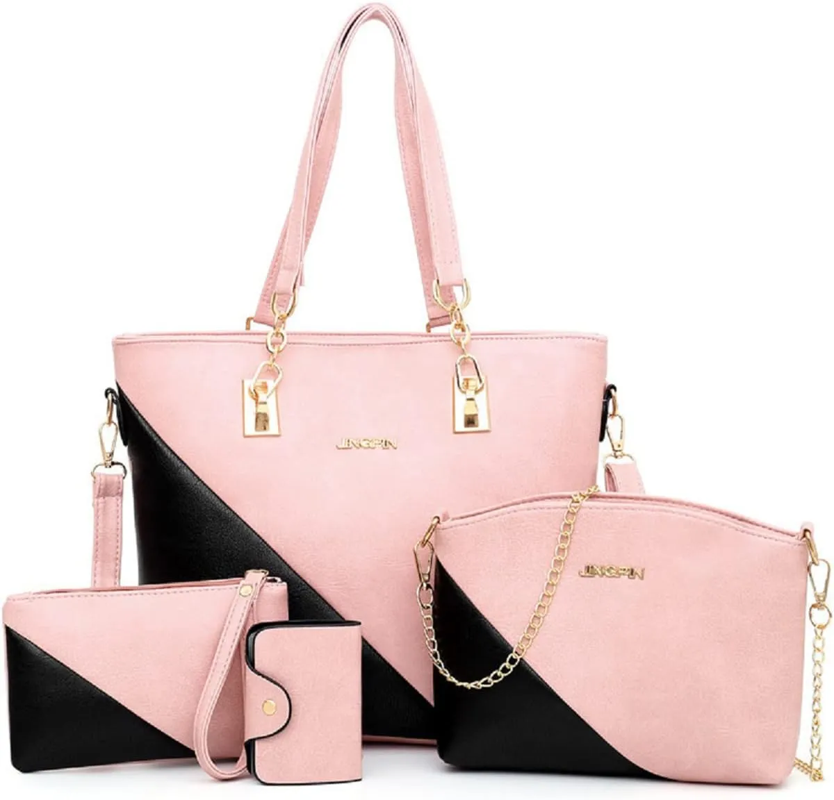 4-PC Women Handbag Set,Top-Handle Bag Shoulder Bag Clutch Card Bag Fashion Purse Color Matching Satchel Tote