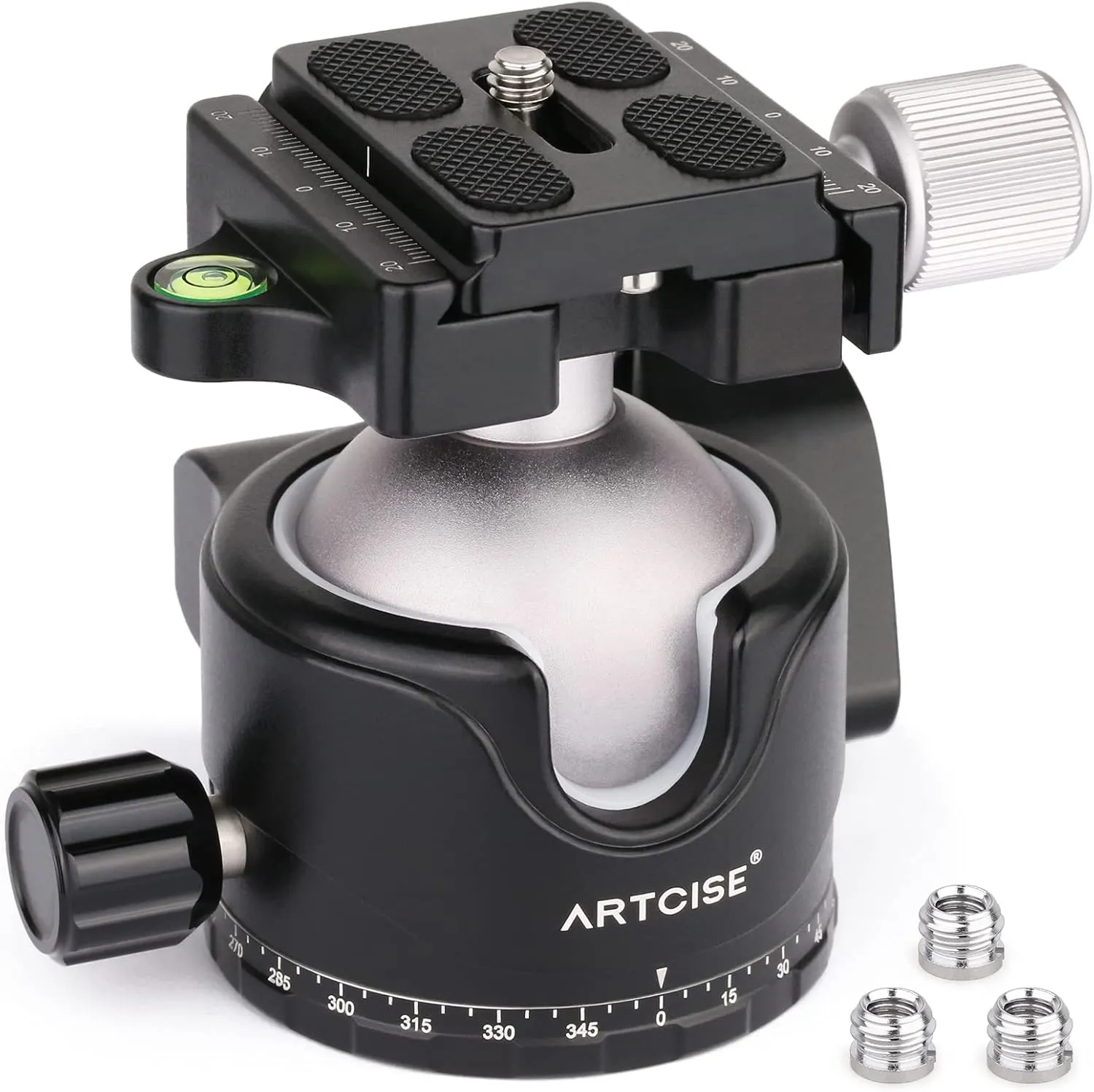 46mm Low Profile Tripod Head with 3 Screw Adapter 3/8 to 1/4 Professional Aluminium 360 Rotating Panoramic Ball head Max Loading 44lbs/20kg