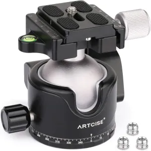 46mm Low Profile Tripod Head with 3 Screw Adapter 3/8 to 1/4 Professional Aluminium 360 Rotating Panoramic Ball head Max Loading 44lbs/20kg