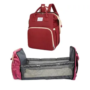 4In1 Multi-Purpose Baby Diapers Bag (Waterproof) With Portable Bed Maroon - Sunshine