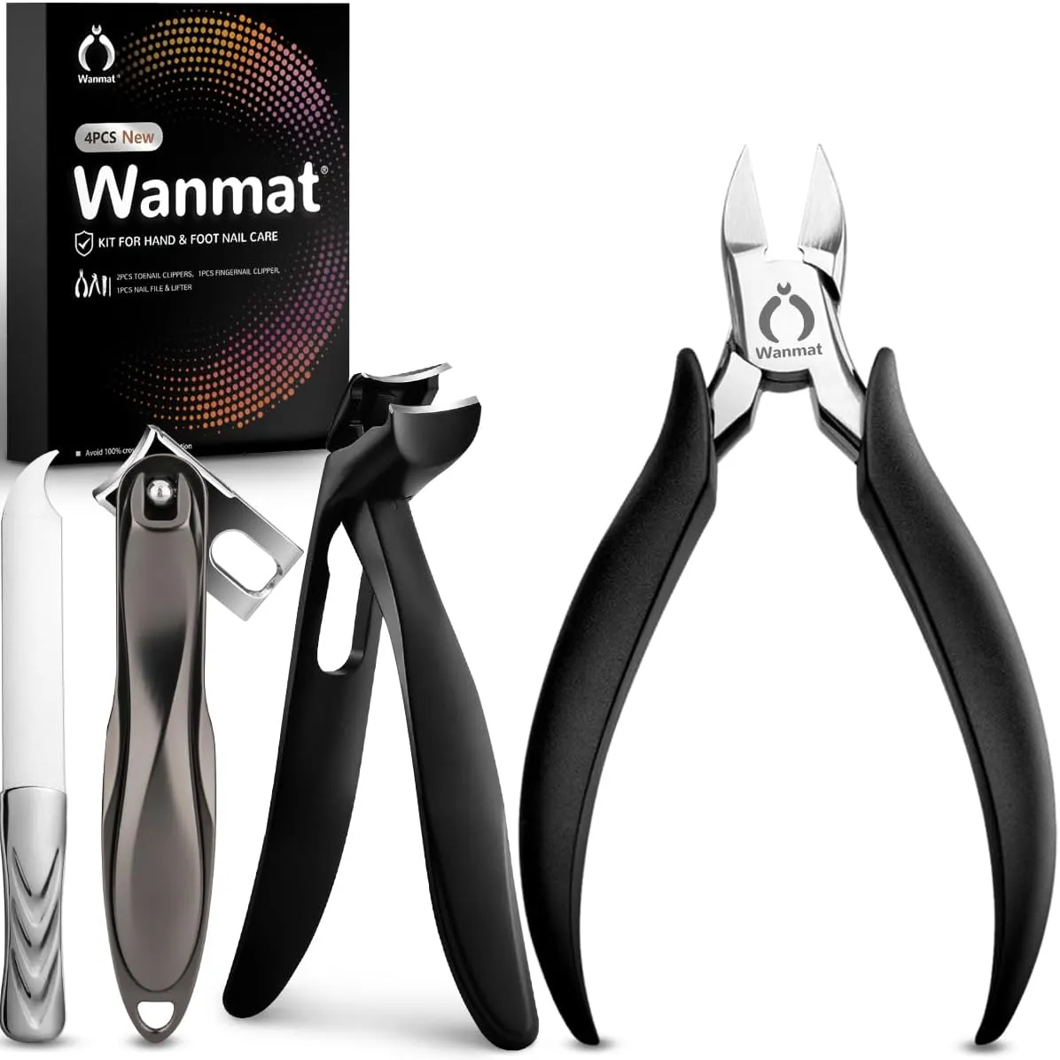 4Pcs Podiatrist Toenail Clippers for Thick & Ingrown Nails, Nail Clippers for Men for Seniors, Toe Nail Clippers Kit with Easy Grip Handle Wide Jaw Opening, Pedicure Grooming Tool, Wanmat