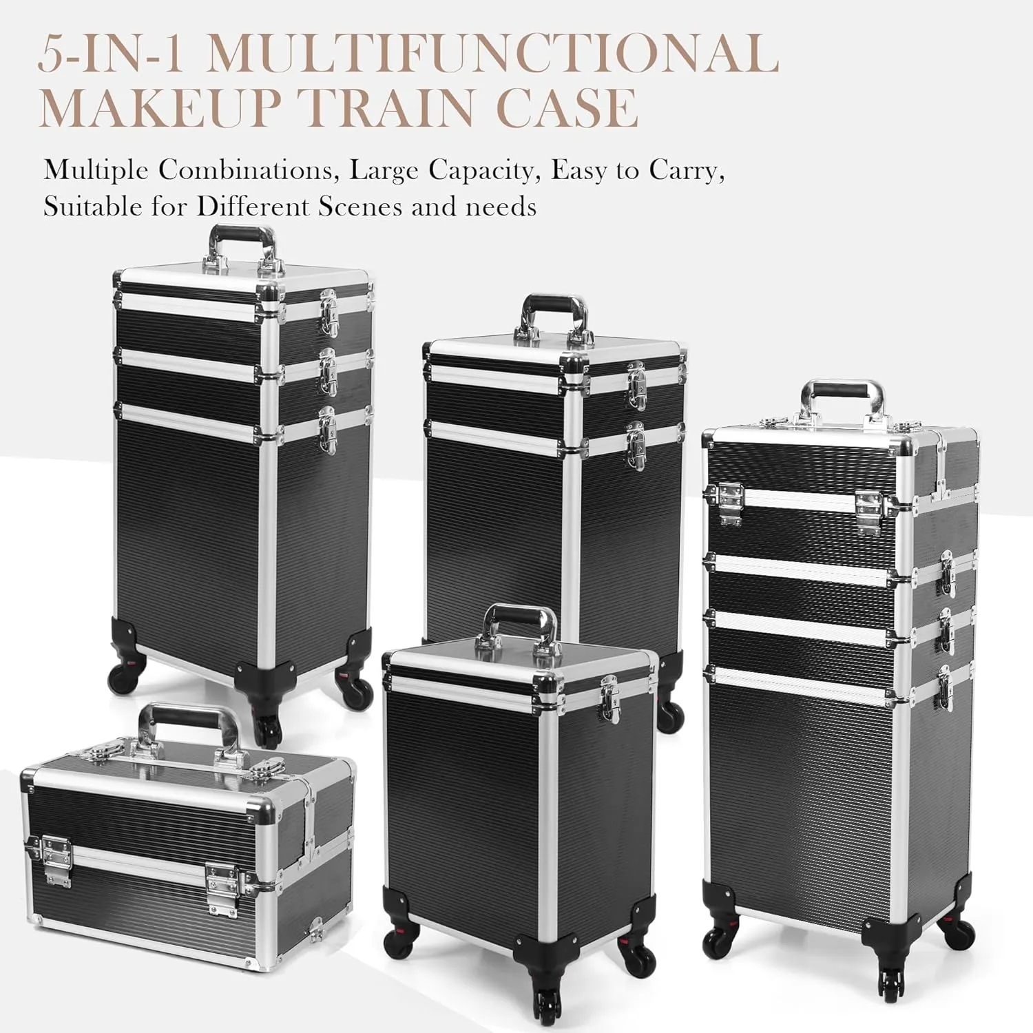 5 in 1 Professional Makeup Train Case Aluminum Cosmetic Case Rolling Makeup Case ExtraLarge Storage Organizer with Key Swivel Wheels Salon Barber Case for Make Up Nail Hairstylists, Black